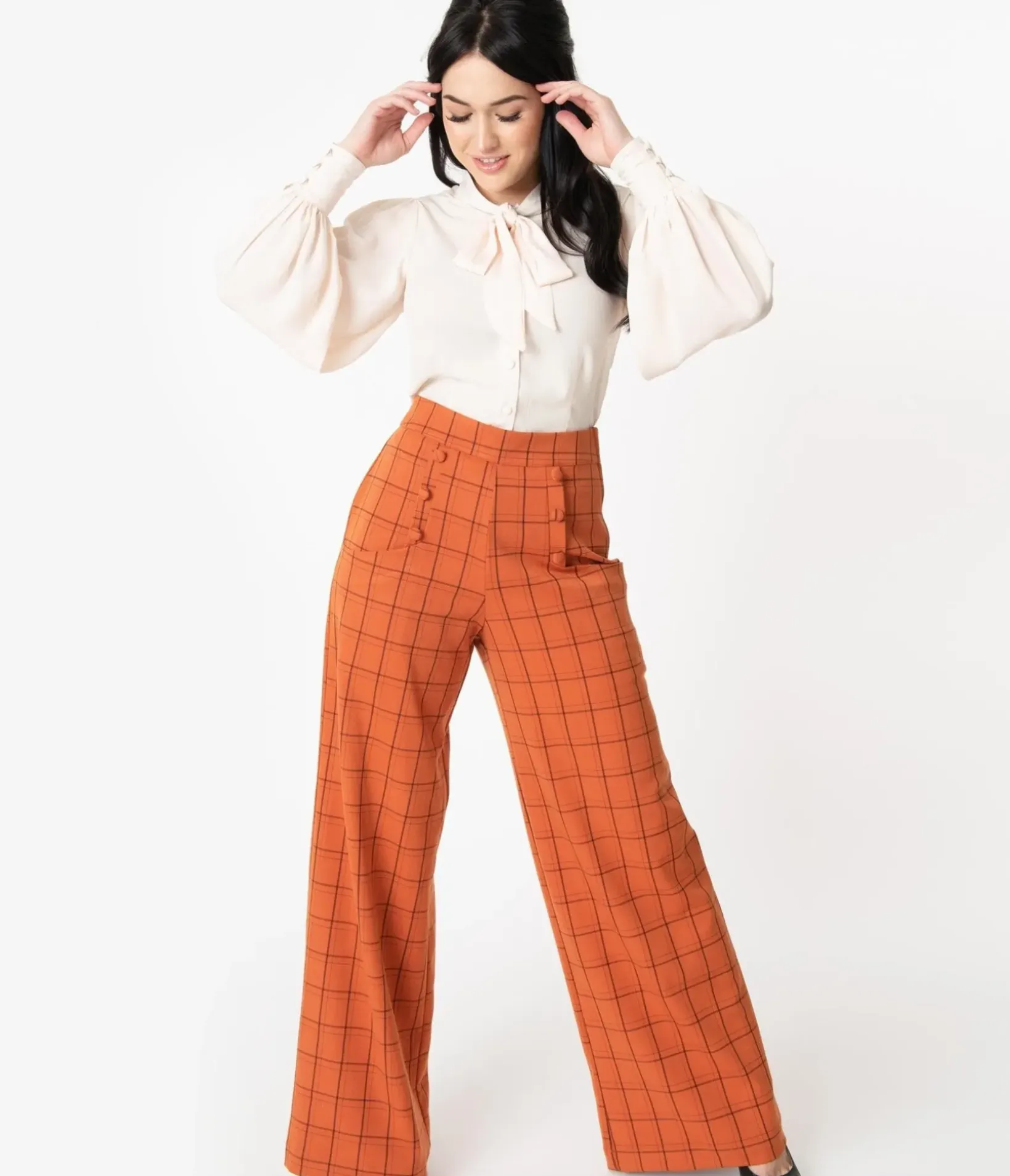 Unique Vintage Pants|Halloween>1940s Orange Windowpane High Waist Ginger Pants