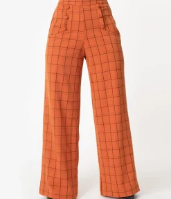 Unique Vintage Pants|Halloween>1940s Orange Windowpane High Waist Ginger Pants