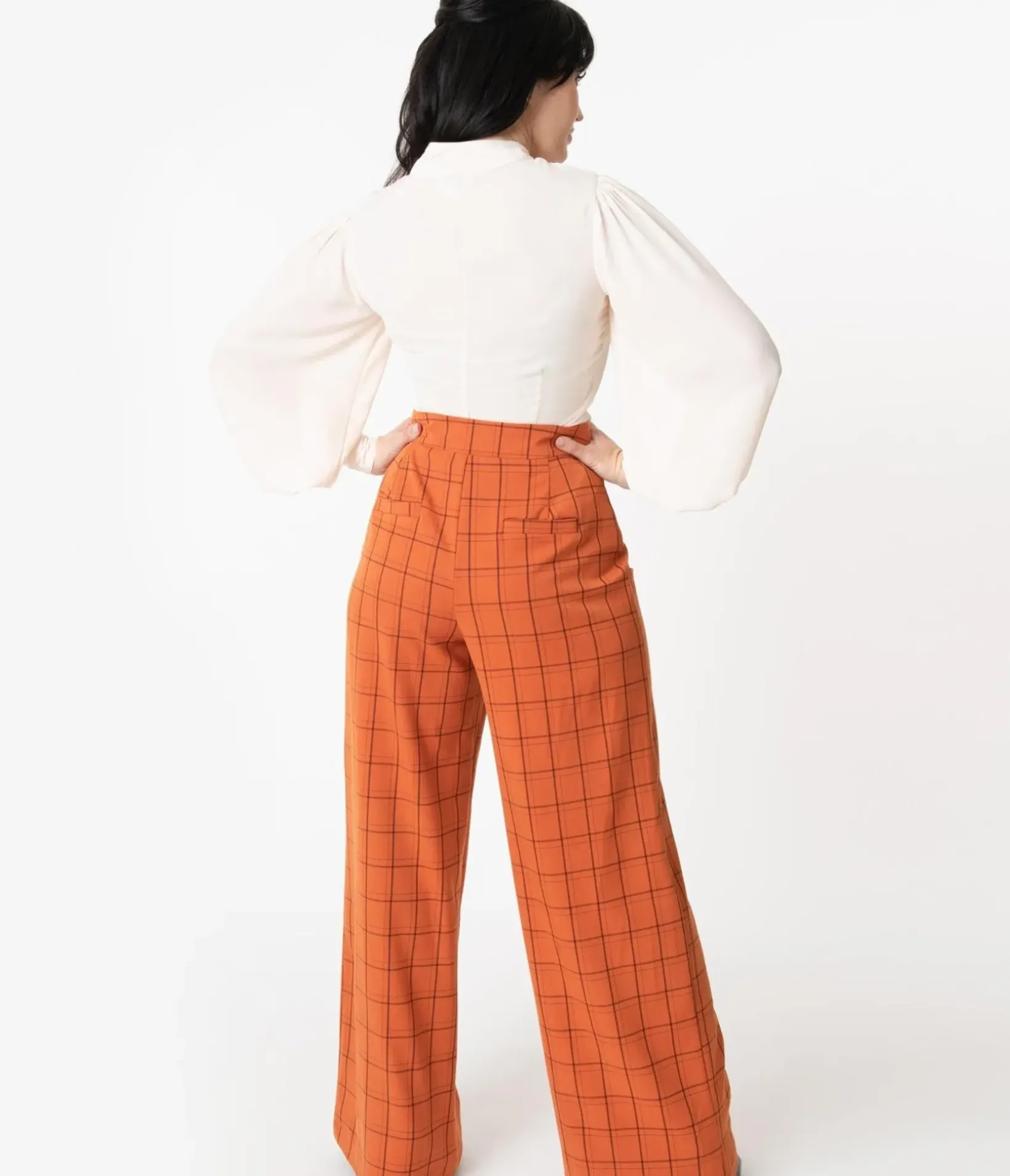Unique Vintage Pants|Halloween>1940s Orange Windowpane High Waist Ginger Pants