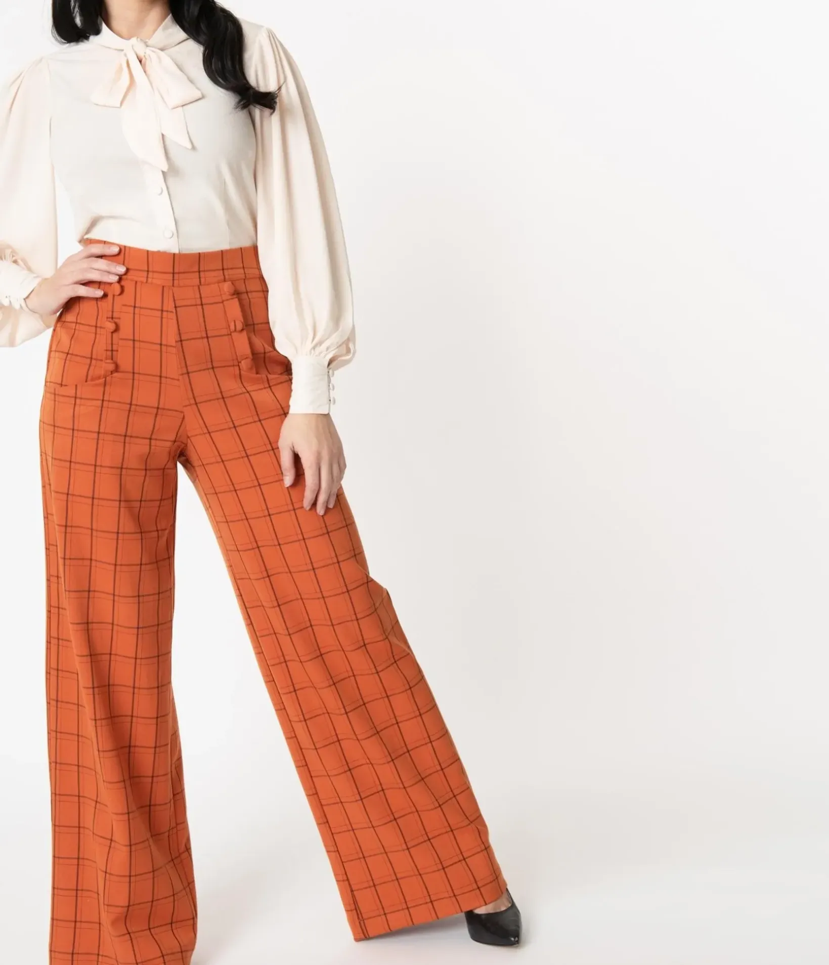 Unique Vintage Pants|Halloween>1940s Orange Windowpane High Waist Ginger Pants