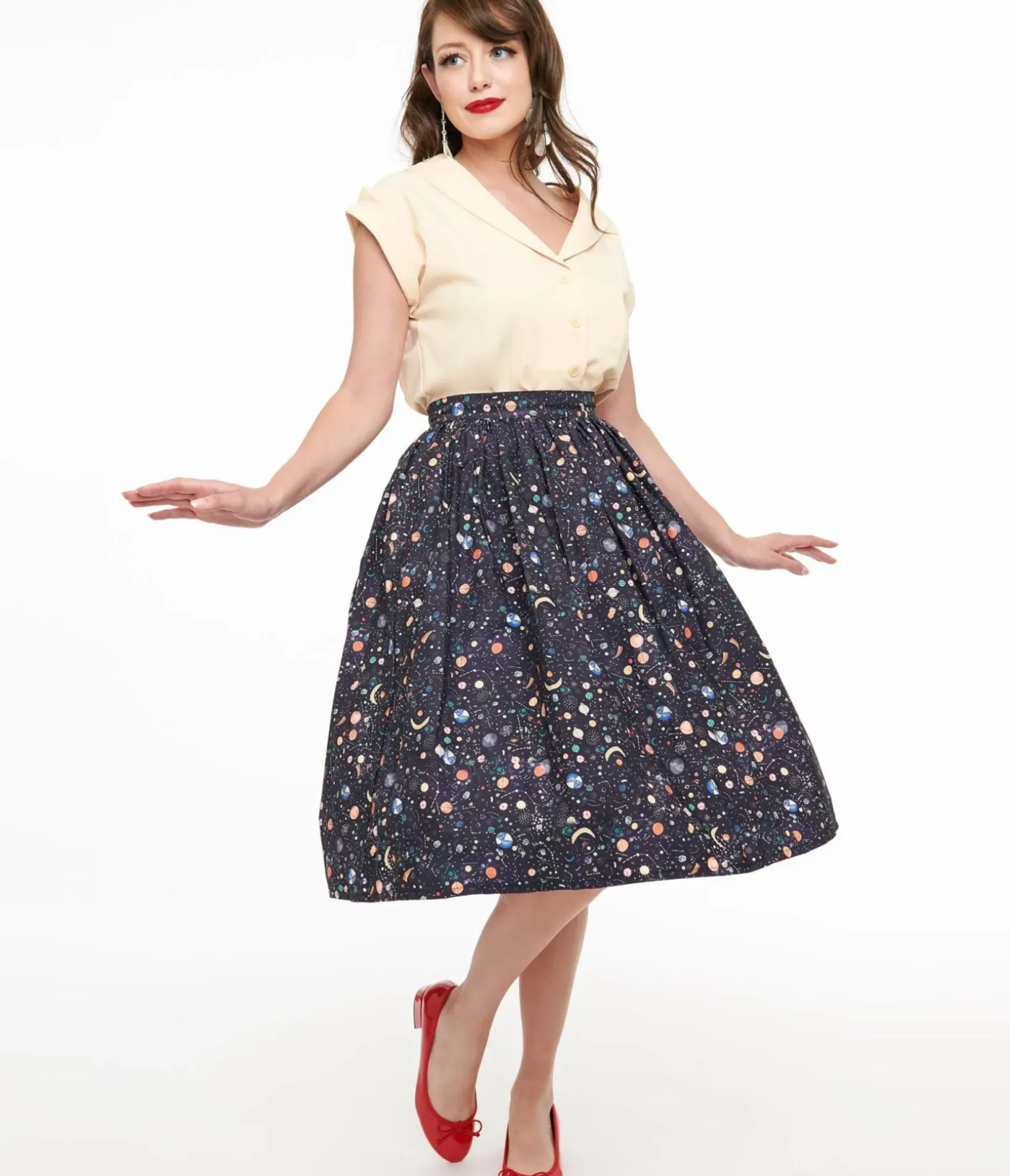 Unique Vintage Skirts|All Things Black>Space Print Gellar Swing Skirt