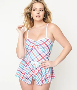 Unique Vintage One Piece Swim>1950s Pastel Madras Plaid Skirted Swimsuit