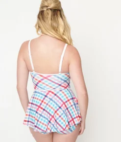 Unique Vintage One Piece Swim>1950s Pastel Madras Plaid Skirted Swimsuit