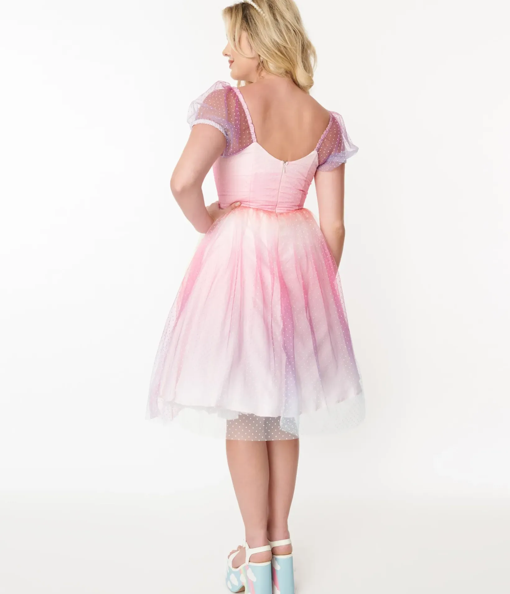Unique Vintage Fit & Flare|Everyday Dresses>1950s Pastel Rainbow Ombre Clip Dot Tulle Sweetheart Fit & Flare Dress