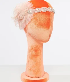 Unique Vintage Special Occasion|Flapper Accessories>1920s Peach Feather & Silver Rhinestone Headband