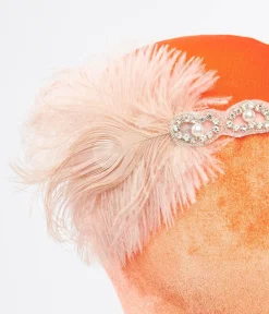 Unique Vintage Special Occasion|Flapper Accessories>1920s Peach Feather & Silver Rhinestone Headband
