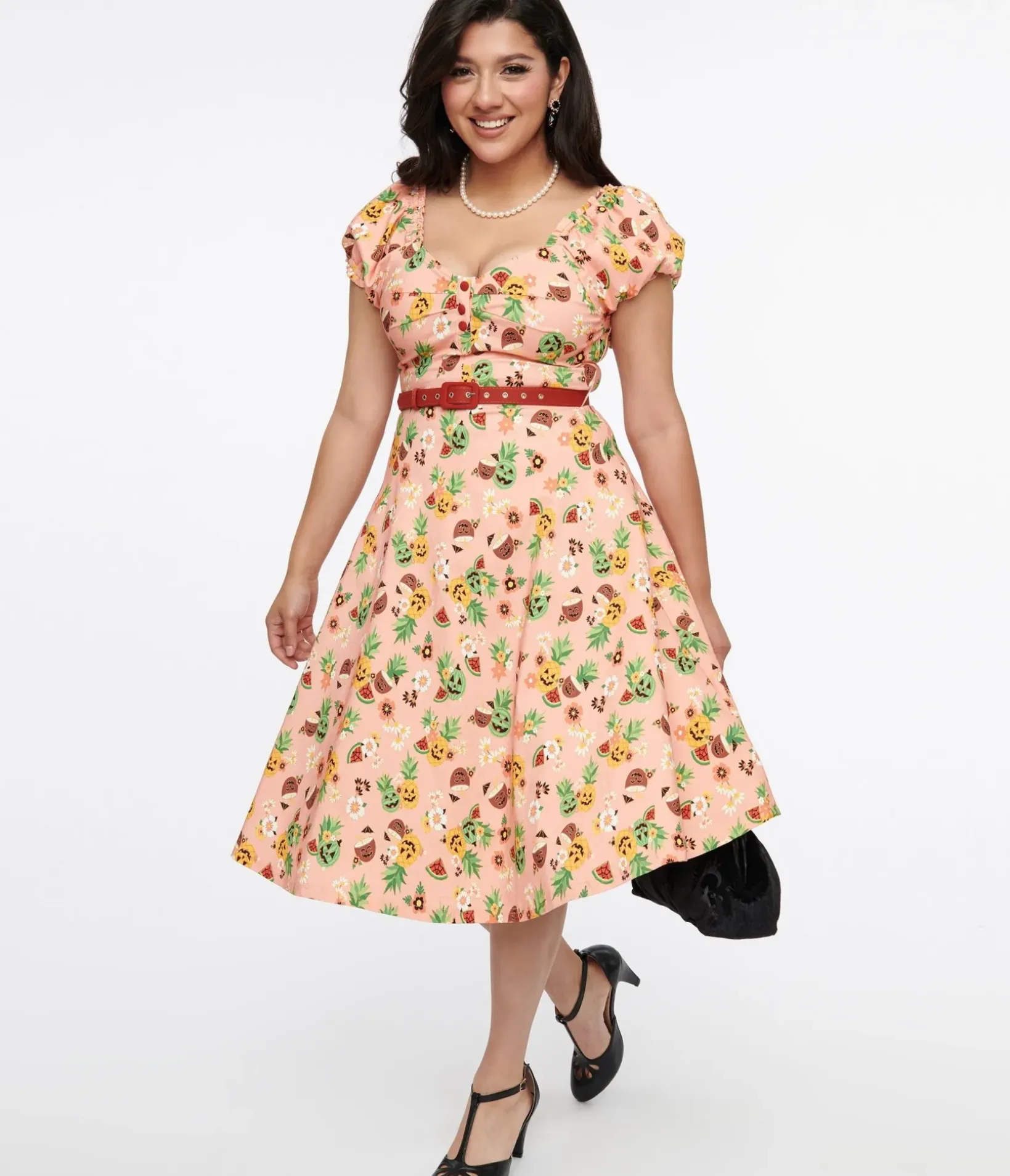 Unique Vintage Swing|Everyday Dresses>1950s Pink Jack-O-Lantern Fruit Ohara Swing Dress