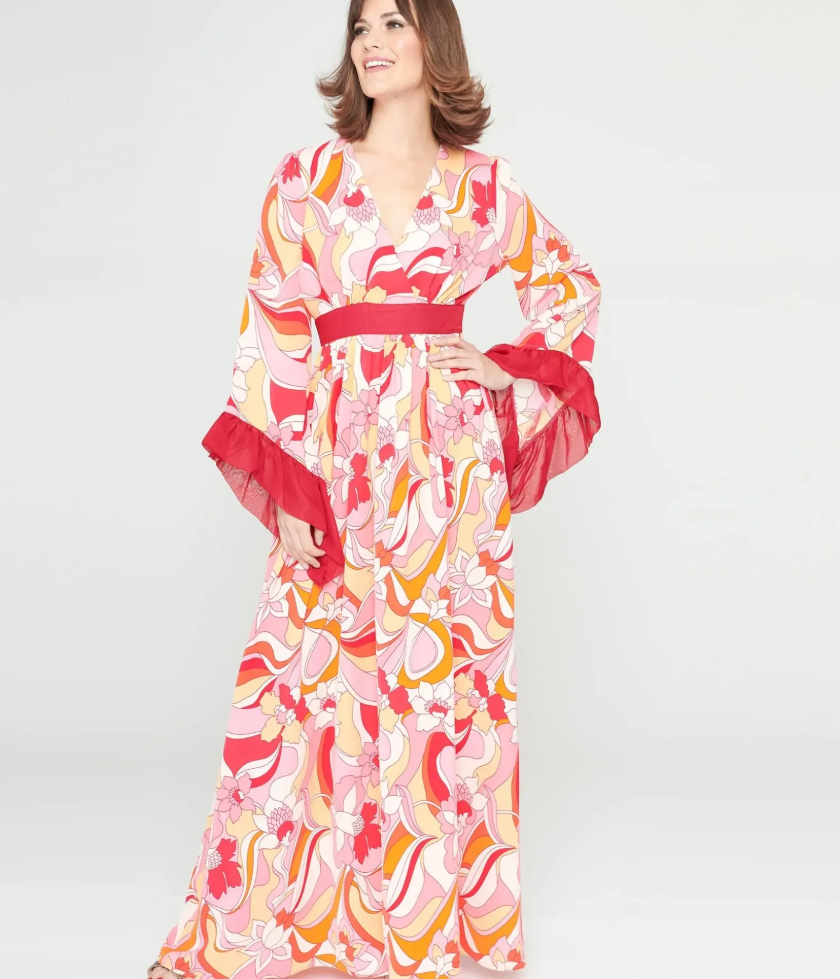 Unique Vintage Maxi|Everyday Dresses>1970s Pink & Red Psychedelic Floral Maxi Dress
