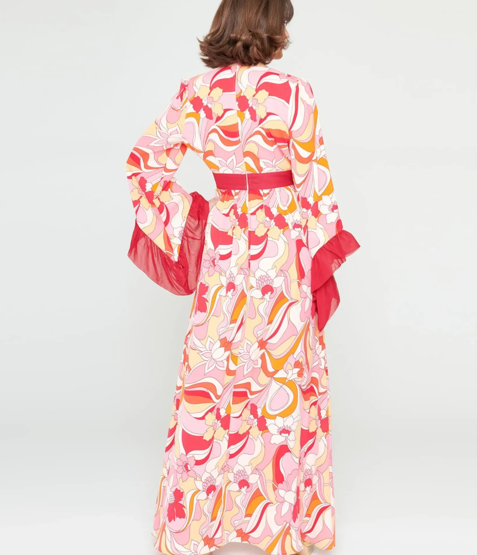 Unique Vintage Maxi|Everyday Dresses>1970s Pink & Red Psychedelic Floral Maxi Dress