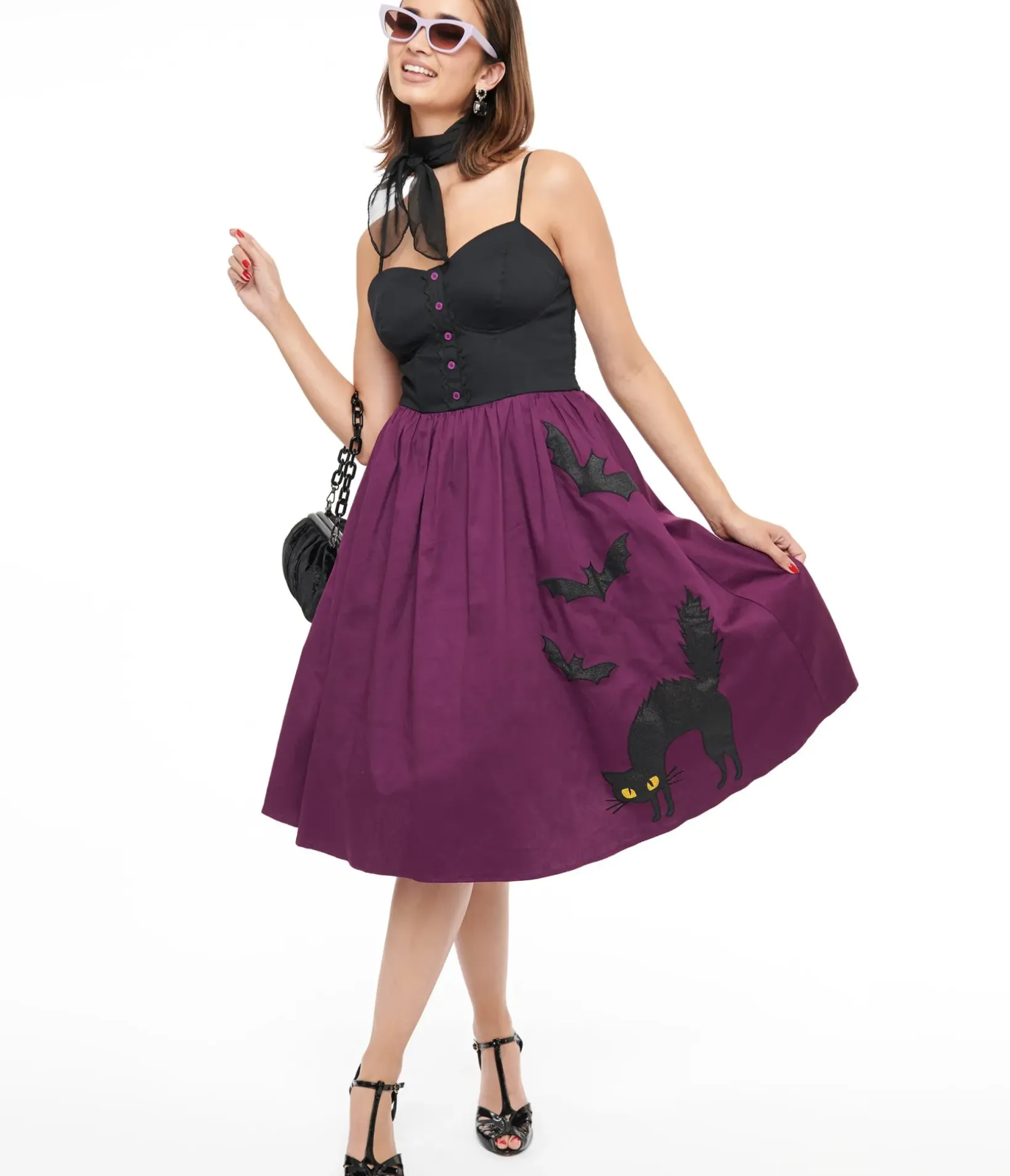 Unique Vintage Swing|Pocket Dresses>1950s Purple & Black Glitter Cat Swing Dress