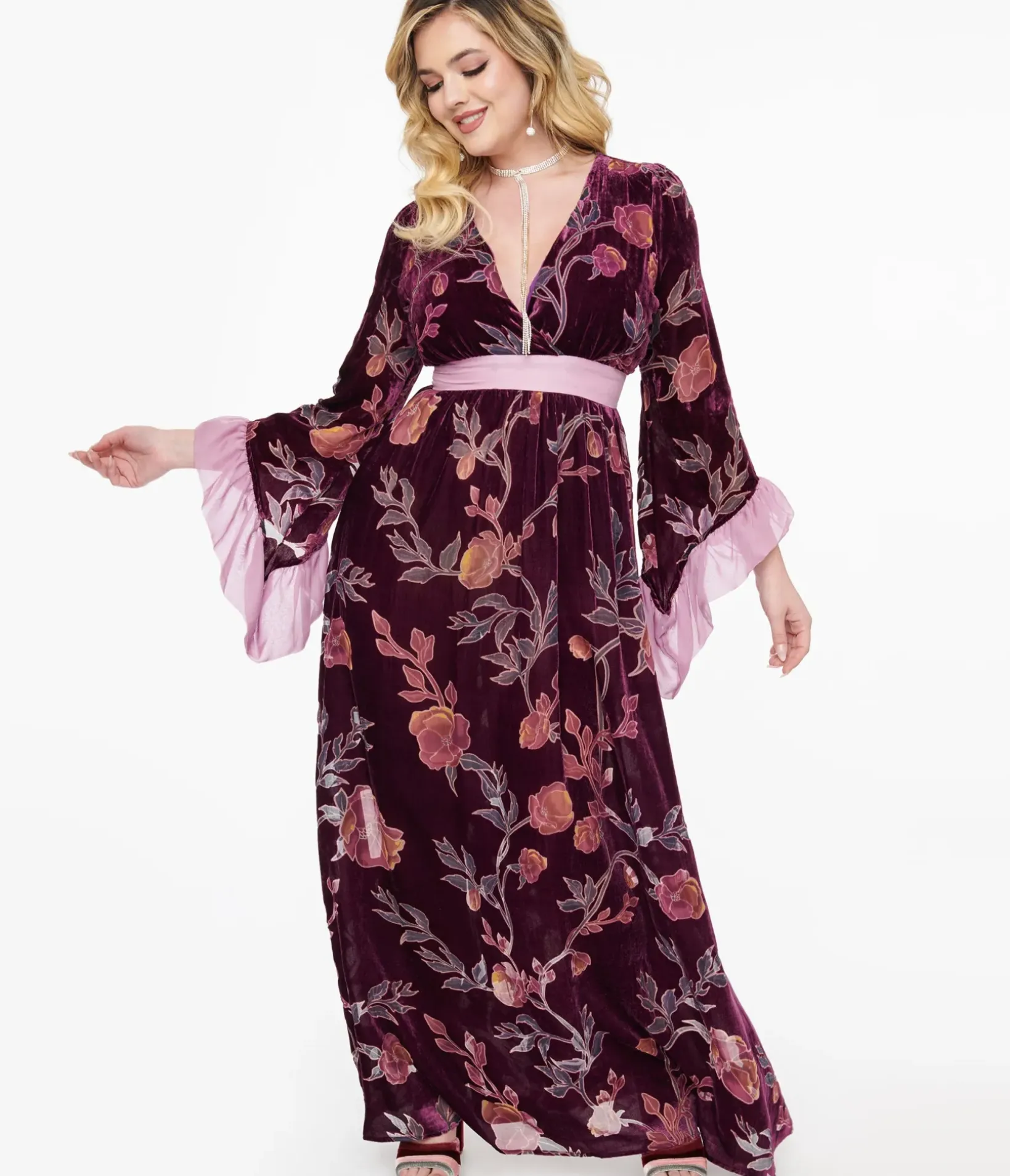 Unique Vintage Maxi|Everyday Dresses>1970s Purple Floral Burnout Velvet Maxi Dress