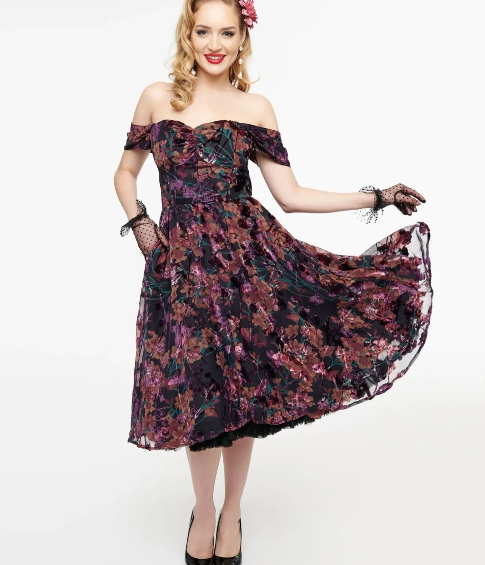 Unique Vintage Fit & Flare|Pocket Dresses>1950s Purple Floral Velvet Burnout Off Shoulder Flare Dress