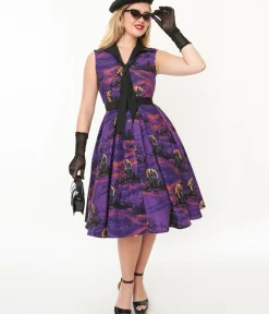 Unique Vintage Swing|Pocket Dresses>1950s Purple Halloween Print Edith Swing Dress