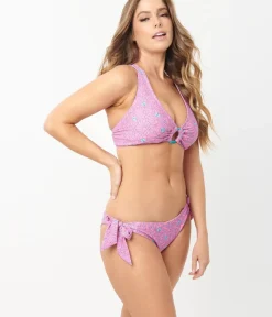 Unique Vintage Swim Tops|Two Piece Swim>1970s Purple & Pink Floral Give Us A Ring Swim Top