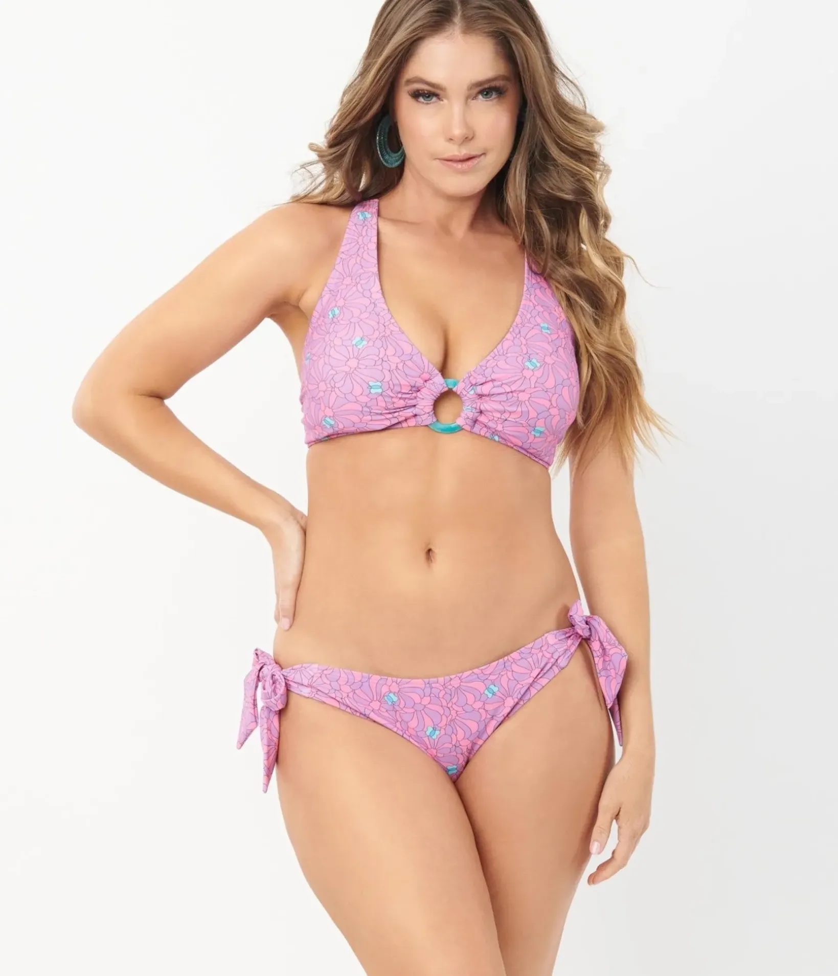 Unique Vintage Swim Tops|Two Piece Swim>1970s Purple & Pink Floral Give Us A Ring Swim Top