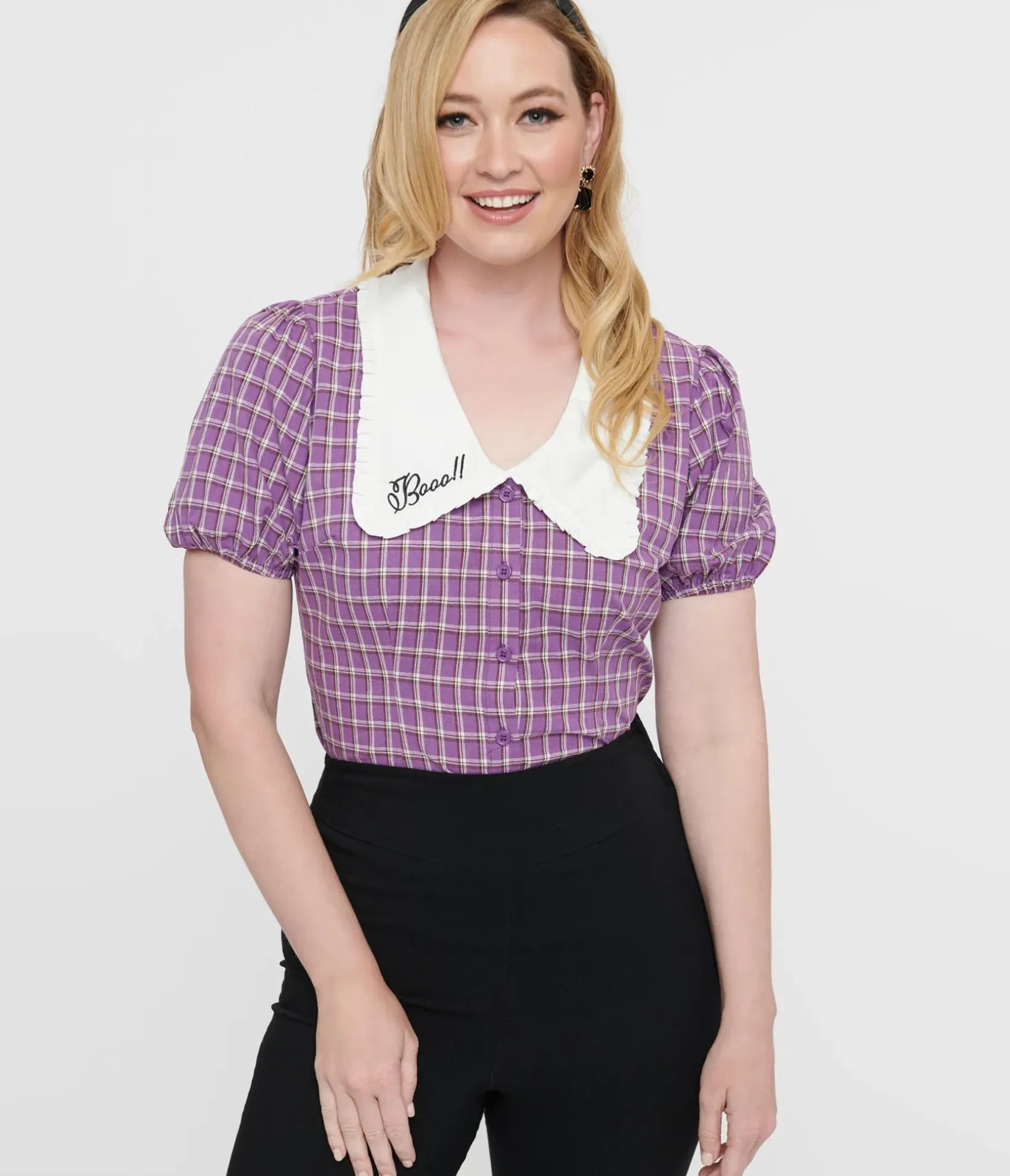 Unique Vintage Blouses|Halloween>1930s Purple Plaid Oversized Collar Blouse
