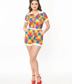 Unique Vintage Rompers & Jumpsuits>1950s Rainbow Madras Plaid Patsy Romper