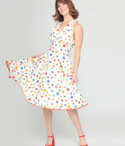 Unique Vintage Swing|Pocket Dresses>1950s Rainbow Polka Dot Cotton Halter Swing Dress