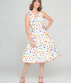 Unique Vintage Swing|Pocket Dresses>1950s Rainbow Polka Dot Cotton Halter Swing Dress