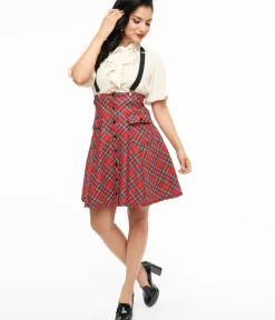 Unique Vintage Skirts|All Things Red>1950s Red Bias Plaid Suspender Flare Skirt
