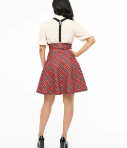 Unique Vintage Skirts|All Things Red>1950s Red Bias Plaid Suspender Flare Skirt