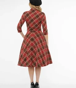 Unique Vintage Swing|Pocket Dresses>1950s Red & Brown Bias Plaid Swing Dress