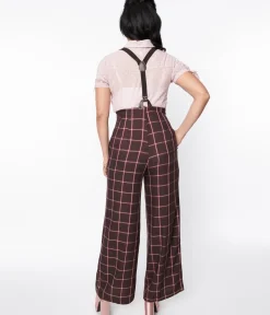 Unique Vintage Pants|Pants>1940s Red & Brown Plaid Wide Leg Suspender Pants