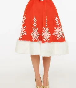 Unique Vintage Skirts|All Things Red>1950s Red Felt & White Fur Snowflake Soda Shop Swing Skirt