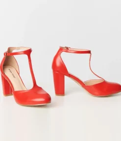 Unique Vintage Special Occasion|Heels>1920s Red Leatherette T-Strap Astaire Pumps