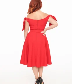 Unique Vintage Swing|Pocket Dresses>1960s Red Off The Shoulder Swing Dress