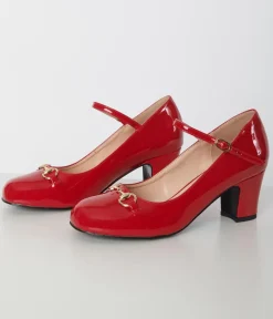 Unique Vintage Heels|All Things Red>1970s Red Patent Leatherette Mary Jane Heels
