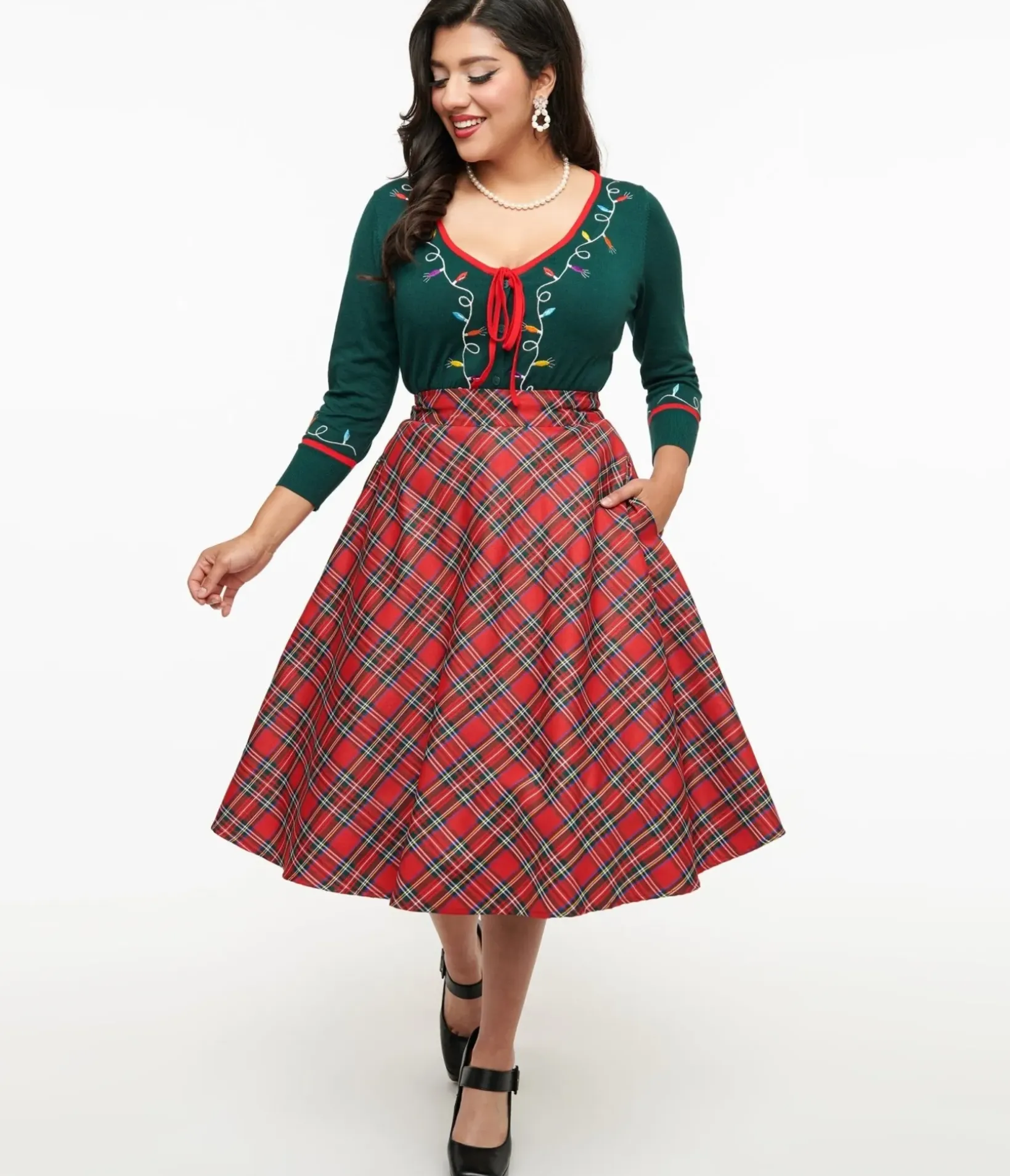 Unique Vintage Skirts|All Things Red>1950s Red Plaid High Waist Vivien Swing Skirt