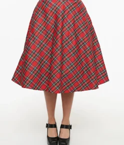 Unique Vintage Skirts|All Things Red>1950s Red Plaid High Waist Vivien Swing Skirt