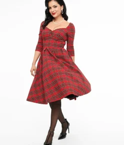 Unique Vintage Swing|Everyday Dresses>1950s Red Plaid Lamar Swing Dress