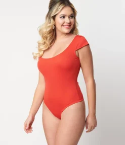 Unique Vintage All Things Red>1950s Red Scoop Neck Bodysuit