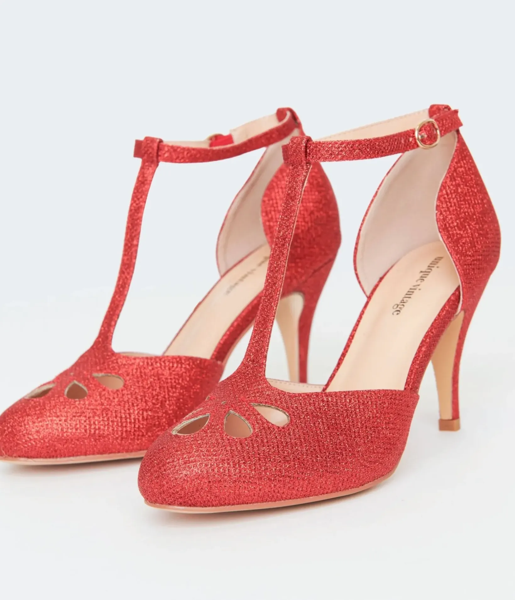Unique Vintage Special Occasion|Heels>1920s Red Sparkle T-Strap Astaire Pumps