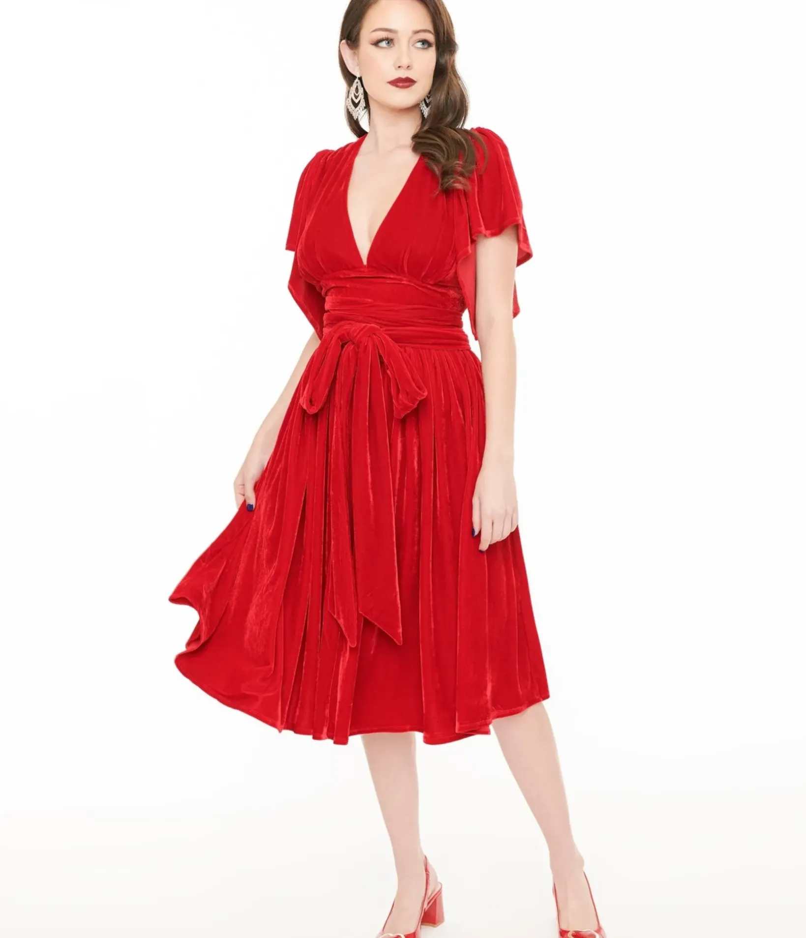 Unique Vintage Swing|Pocket Dresses>1940s Red Velvet Flutter Sleeve Swing Dress