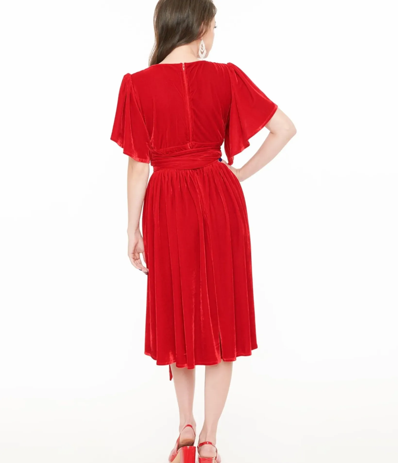 Unique Vintage Swing|Pocket Dresses>1940s Red Velvet Flutter Sleeve Swing Dress