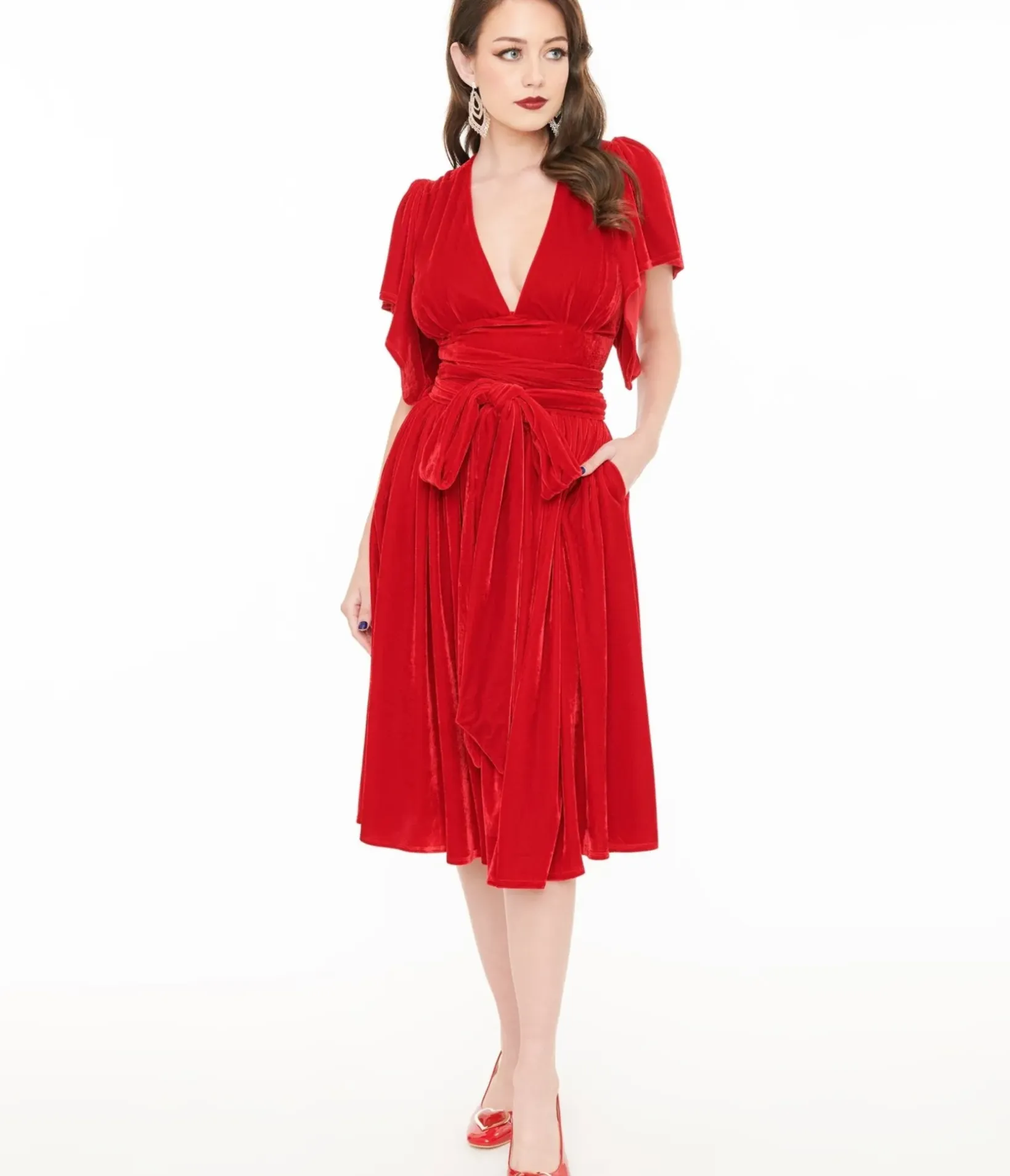 Unique Vintage Swing|Pocket Dresses>1940s Red Velvet Flutter Sleeve Swing Dress