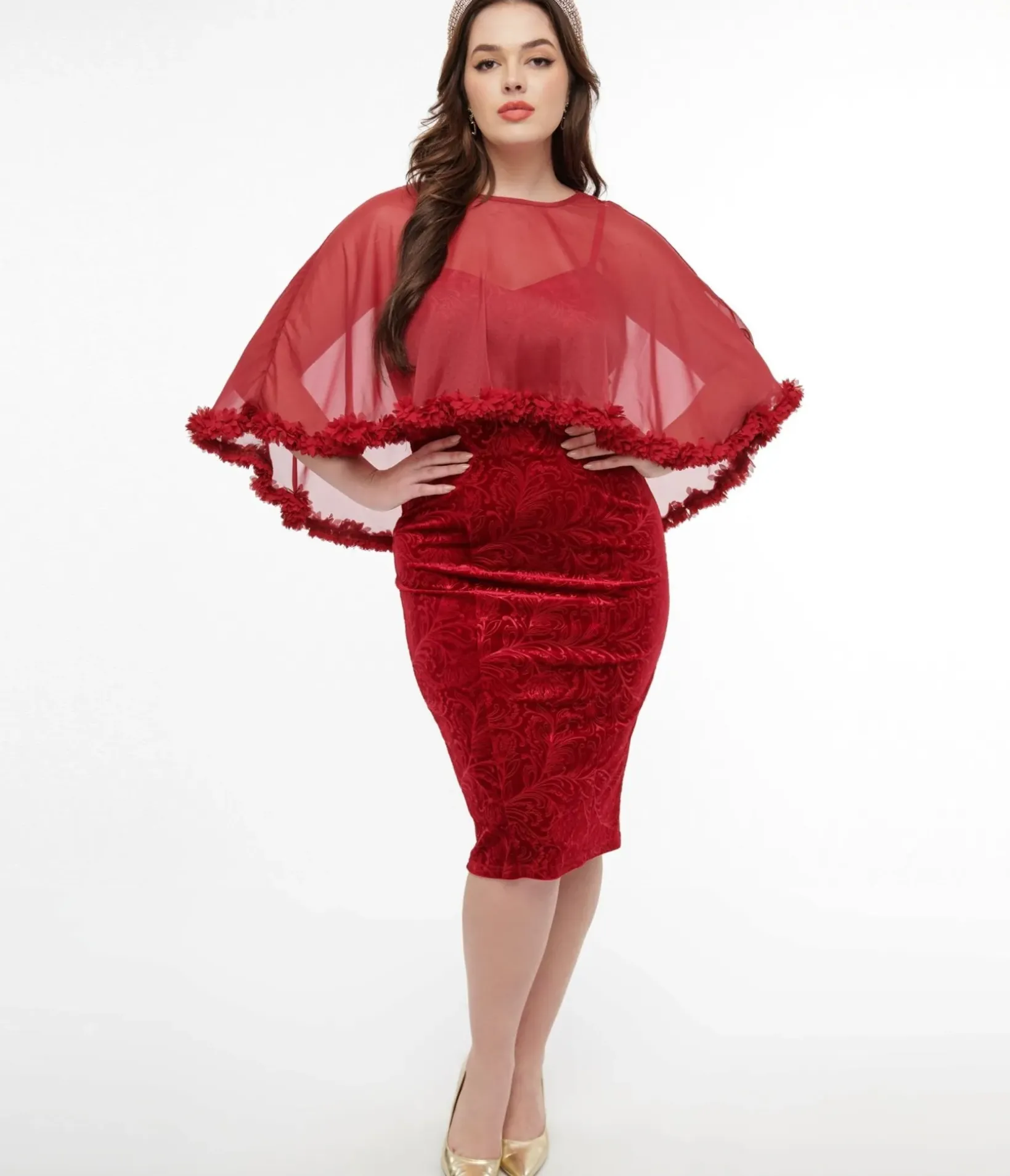 Unique Vintage Pencil|Everyday Dresses>1960s Red Velvet Ruffle Capelet Wiggle Dress
