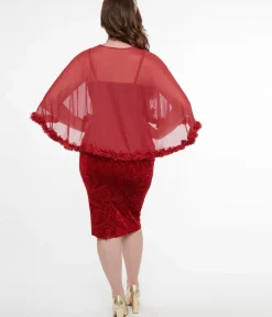 Unique Vintage Pencil|Everyday Dresses>1960s Red Velvet Ruffle Capelet Wiggle Dress
