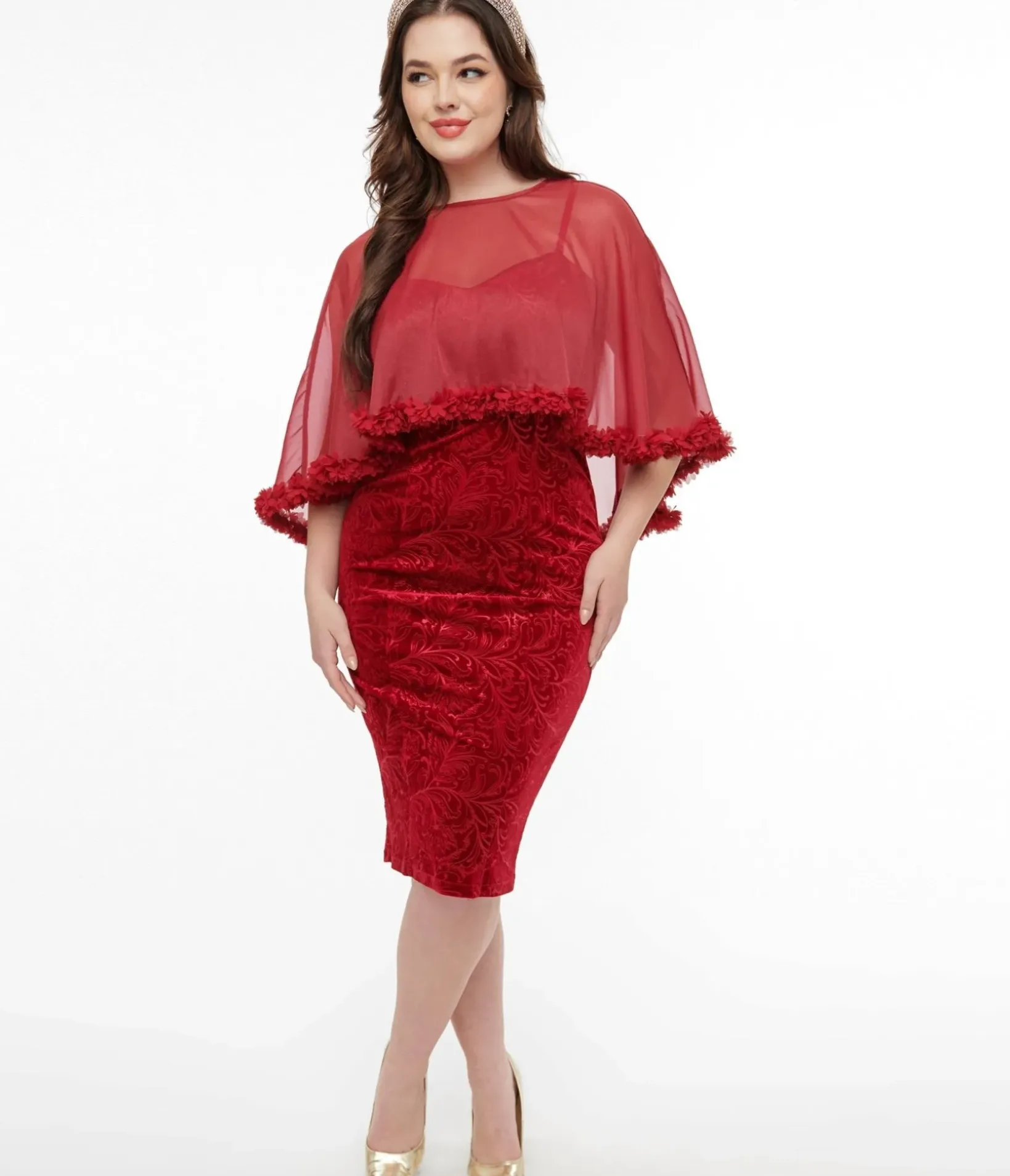 Unique Vintage Pencil|Everyday Dresses>1960s Red Velvet Ruffle Capelet Wiggle Dress