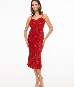 Unique Vintage Pencil|Everyday Dresses>1970s Red Velvet Sequin Rizzo Wiggle Dress