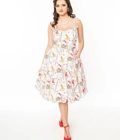 Unique Vintage Swing|Pocket Dresses>1950s Red & Yellow Cat Print Cotton Bobbie Swing Dress