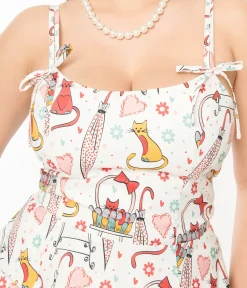 Unique Vintage Swing|Pocket Dresses>1950s Red & Yellow Cat Print Cotton Bobbie Swing Dress