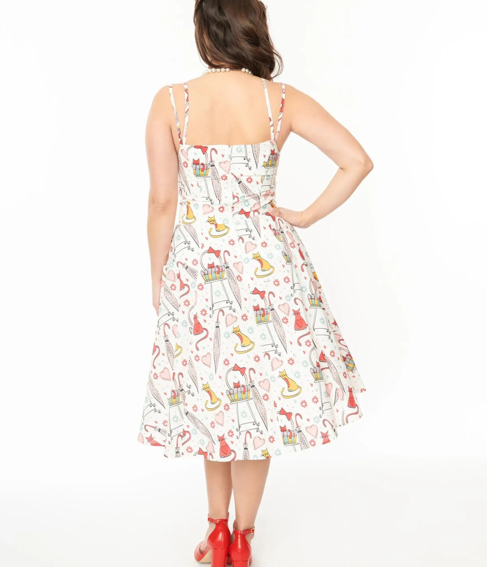 Unique Vintage Swing|Pocket Dresses>1950s Red & Yellow Cat Print Cotton Bobbie Swing Dress