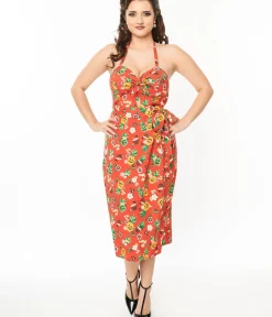 Unique Vintage Pencil|Everyday Dresses>1950s Rust & June-O-Ween Fruit Print Leilani Sarong Dress