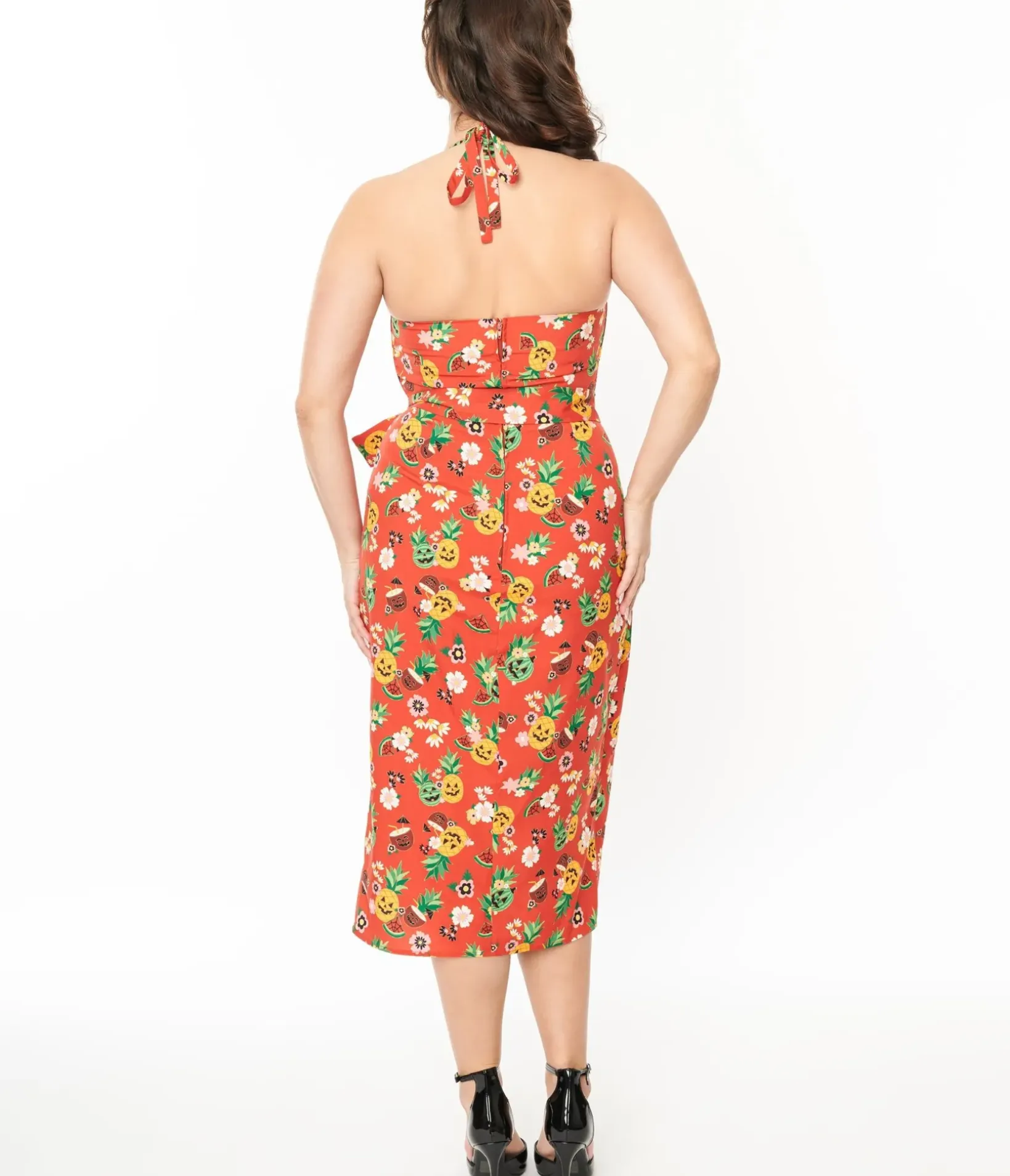 Unique Vintage Pencil|Everyday Dresses>1950s Rust & June-O-Ween Fruit Print Leilani Sarong Dress