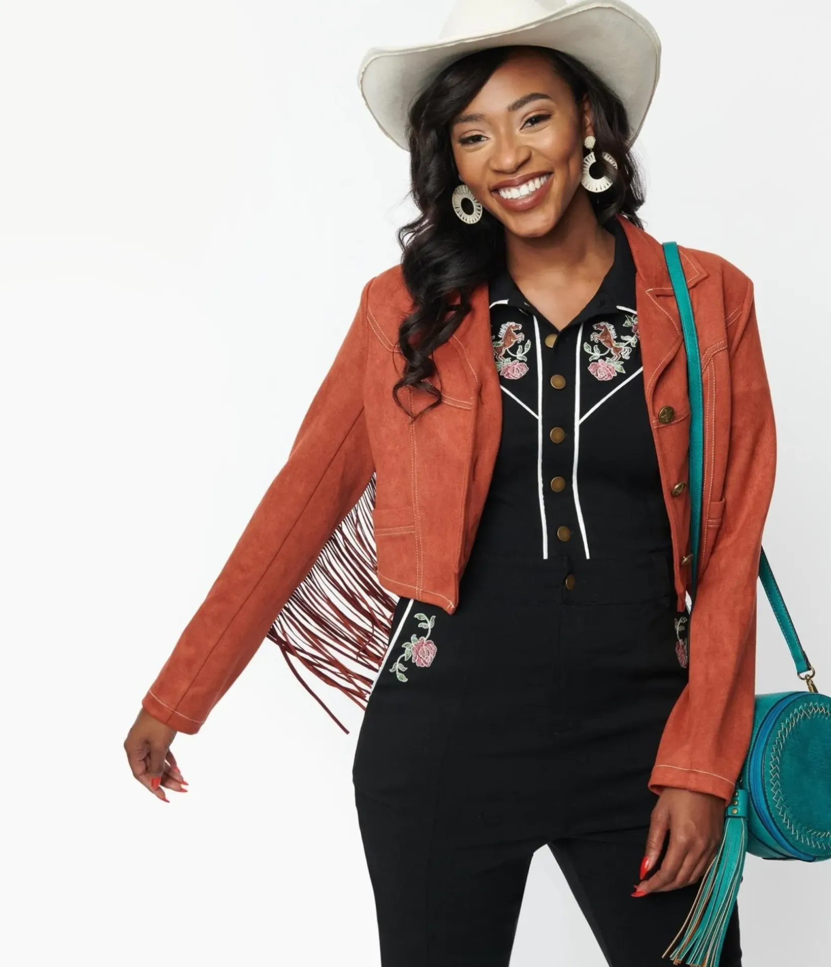 Unique Vintage Coats & Jackets>1970s Rust Suede & Embroidered Horse Cattle Call Jacket