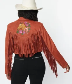 Unique Vintage Coats & Jackets>1970s Rust Suede & Embroidered Horse Cattle Call Jacket